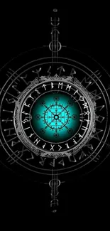 Mystical Norse runes with turquoise glow on black background wallpaper.