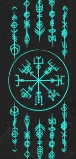 Mystical turquoise Norse runes on dark background mobile wallpaper.