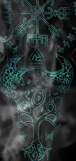 Intricate mystical Norse symbols with ethereal smoke on a dark background.