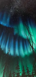 Aurora Borealis with dark silhouettes and vibrant blue-green hues in a night sky.