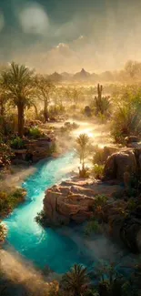 Mystical oasis stream in desert landscape wallpaper.