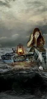 Mystical ocean scene with woman on boat in stormy sea.