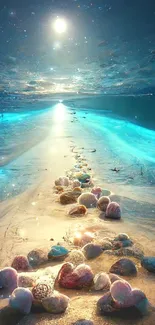 Mystical ocean beach with moonlit stones and blue hues.