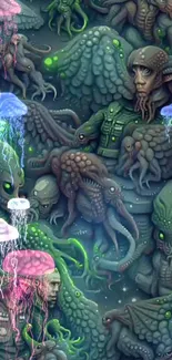 Surreal wallpaper with marine creatures, octopuses, and glowing jellyfish.