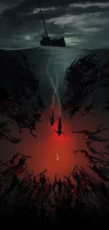 Dark ocean scene with red glow underwater and ship silhouette.