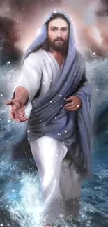 Divine figure walking on water with a cosmic ocean backdrop.