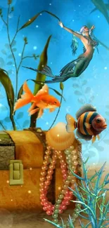 Fantasy ocean wallpaper with mermaid and fish near treasure chest.