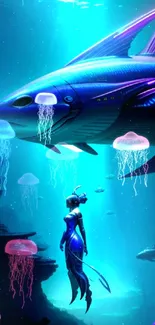 A futuristic mermaid with a luminous shark in a deep blue ocean fantasy setting.