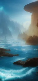 Majestic fantasy ocean cliffscape with glowing city.