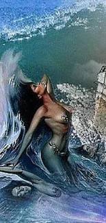 Fantasy wallpaper with siren and shipwreck in ocean waves.