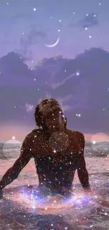 A person in a mystical ocean under a starry, galaxy-themed sky.