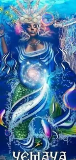 Mobile wallpaper depicting a mystical ocean goddess in vibrant blue tones.