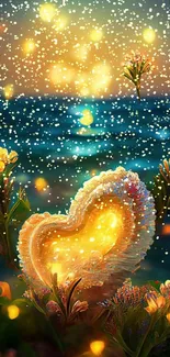 Mystical ocean heart glowing amid vibrant flowers at sunset.