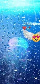 Jellyfish and emoji in deep blue ocean artwork.