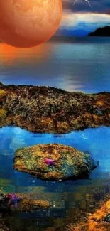 Mystical ocean landscape with sunrise and heart-shaped tidepool.