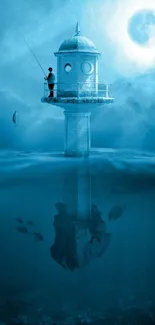 Lone lighthouse above ocean with moonlit sky and fish underwater.