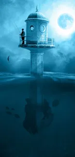 Mystical ocean scene with lighthouse and moonlit sky.