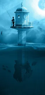 Mystical lighthouse stands in ocean under moonlight, perfect for serene wallpapers.