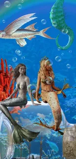 Mystical mermaids under the sea wallpaper with vibrant ocean creatures.