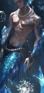 Mystical ocean merman with blue scales.