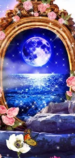 Mystical moonlit ocean through floral frame.