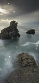 Mystical ocean rocks under a glowing sky.