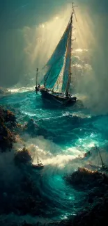 Sailboat in mystical ocean under golden light.