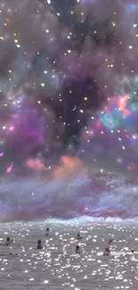 Ocean with colorful mystical sky wallpaper featuring twinkling lights.