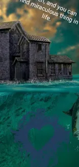 Fantastical underwater house in teal ocean.