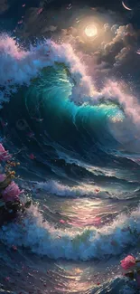 Artistic ocean wave under moonlight with roses in the foreground.