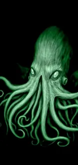 Mystical dark green octopus wallpaper with glowing tentacles.