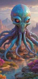 Fantasy art of a colorful octopus in a mystical landscape.