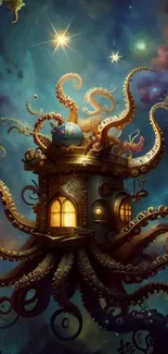 Mystical octopus with steampunk house in a starry galaxy backdrop.