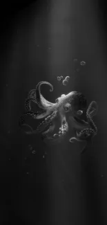 Monochrome wallpaper featuring an octopus in deep ocean waters.