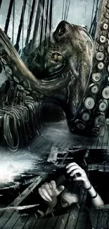 Dark art of an octopus on a ship with a mysterious figure below deck.