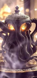 Octopus teapot with glowing eyes on ornate plate with dark theme.