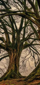 Intertwined branches of ancient trees in a mystical forest wallpaper.