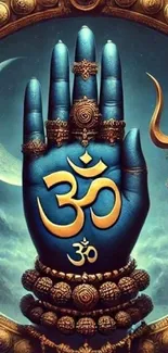 Blue hand with Om symbol and trident in artistic design.