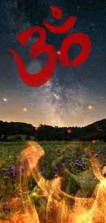 Peaceful wallpaper with Om symbol and starry night sky.