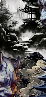 Fantasy Oni masks in serene Japanese setting.