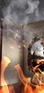 Open book with smoky pages and fiery scene - mystical art wallpaper.