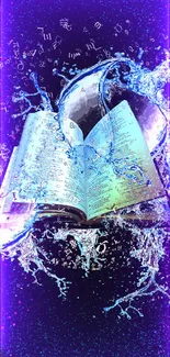 A mystical open book with water splash effect against a dark background.