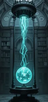 Glowing mystical orb in an ancient library setting.