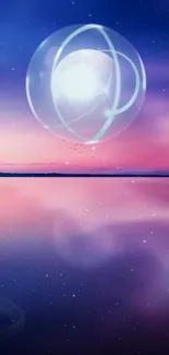 Mystical orb over serene purple lake under starry sky.