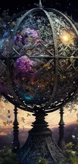 Mysterious orb with celestial background and colorful details.