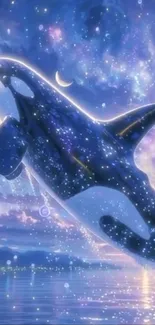 Mystical orca leaping through a starry sky.