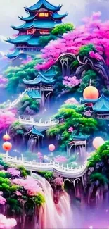 Oriental fantasy art with cherry blossoms, pagodas, and a full moon.