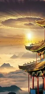 Mystical sunrise over a traditional temple with clouds and mountains.