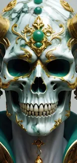 Ornate jade-like skull with golden trim.