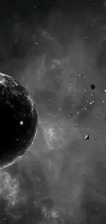 Black and gray outer space wallpaper with stars and a planet.